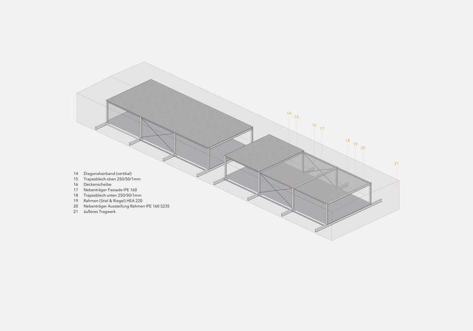 Tragwerksaxonometrie der Studienarbeit Besucherzentrum, Waldsteg