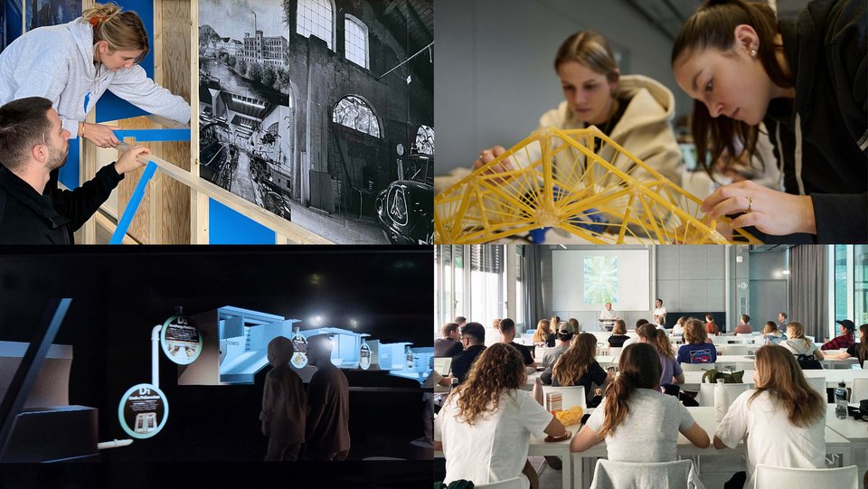 Studierende während Workshops, Ausstellung an der Hochschule und Vorlesungssitutaion