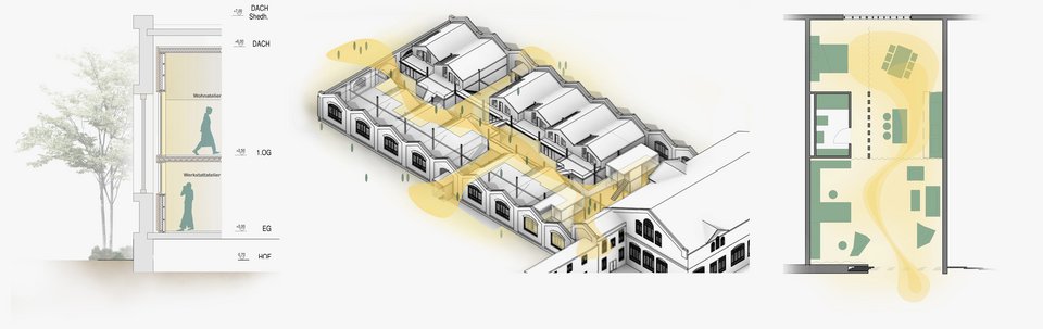 Grafik Shedhalle der Studienarbeit Zentrieren – Kunst am Neckar – Neckarspinnerei