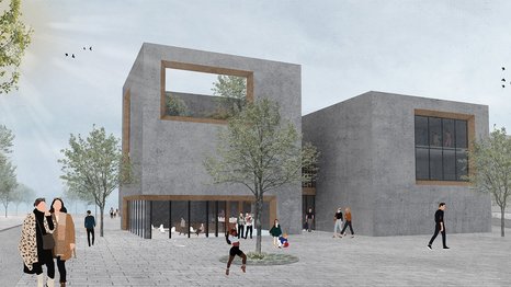 Rendering einer Aussenansicht der Studienarbeit Neue Markthalle Freiberg