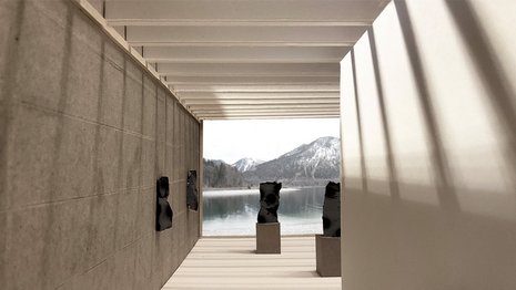 Modellfoto einer Innenraumansicht der Studienarbeit Kunstrefugium am Walchensee